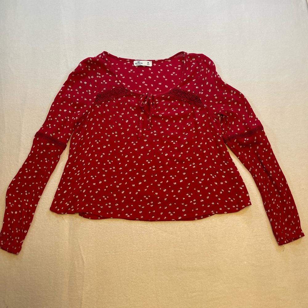 Hollister Red Floral Boho Long Sleeve Lace Trim Tie Front Top M